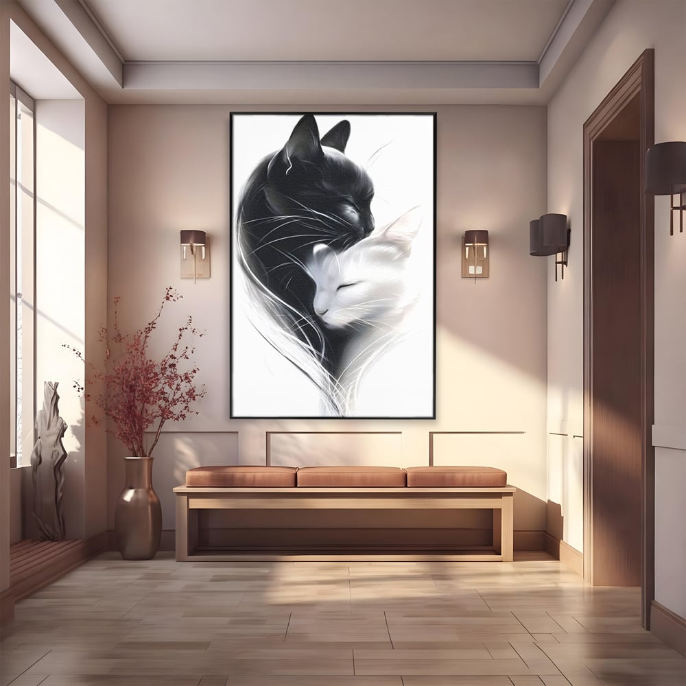 Tablou canvas cu tablou canvas cu pisici alb si negru, in rama de aluminiu negru